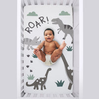 Baby-Saurus Photo Op ROAR White, Gray, and Green Dinosaur with Clouds Nursery Fitted Crib Sheet - BIG FRENCHIES