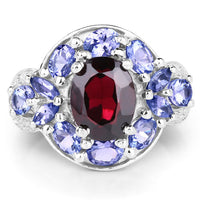 4.20 Carat Genuine Garnet, Tanzanite & White Topaz .925 Sterling Silver Ring