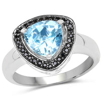 2.06 Carat Genuine Baby Swiss Blue Topaz and Black Diamond .925 Sterling Silver Ring