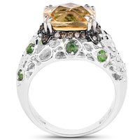 4.13 Carat Genuine Citrine, Chrome Diopside & Champagne Diamond .925 Sterling Silver Ring