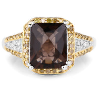 3.48 Carat Genuine Smoky Quartz, Yellow Diamond and White Diamond .925 Sterling Silver Ring