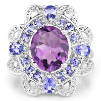 3.13 Carat Genuine Amethyst and Tanzanite .925 Sterling Silver Ring