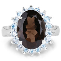 6.79 Carat Genuine Smoky Quartz & Blue Topaz .925 Sterling Silver Ring
