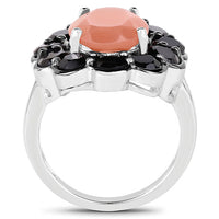 7.88 Carat Genuine Peach Moonstone and Black Spinel .925 Sterling Silver Ring