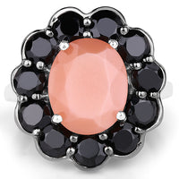 7.88 Carat Genuine Peach Moonstone and Black Spinel .925 Sterling Silver Ring