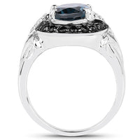 4.27 Carat Genuine London Blue Topaz, Black Spinel & White Topaz .925 Sterling Silver Ring