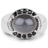 5.68 Carat Genuine Grey Moonstone & Black Spinel .925 Sterling Silver Ring