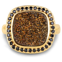 14K Yellow Gold Plated 6.19 Carat Genuine Drusy Quartz and Black Spinel .925 Sterling Silver Ring