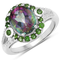 3.92 Carat Genuine Rainbow Quartz and Chrome Diopside .925 Sterling Silver Ring