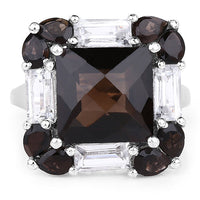 7.43 Carat Genuine Smoky Quartz & White Topaz .925 Sterling Silver Ring