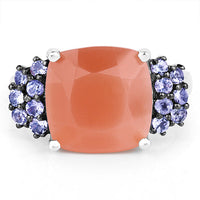 6.18 Carat Genuine Peach Moonstone and Tanzanite .925 Sterling Silver Ring