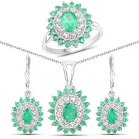6.53 Carat Genuine Zambian Emerald and White Topaz .925 Sterling Silver 3 Piece Jewelry Set (Ring, Earrings, and Pendant w/ Chain)