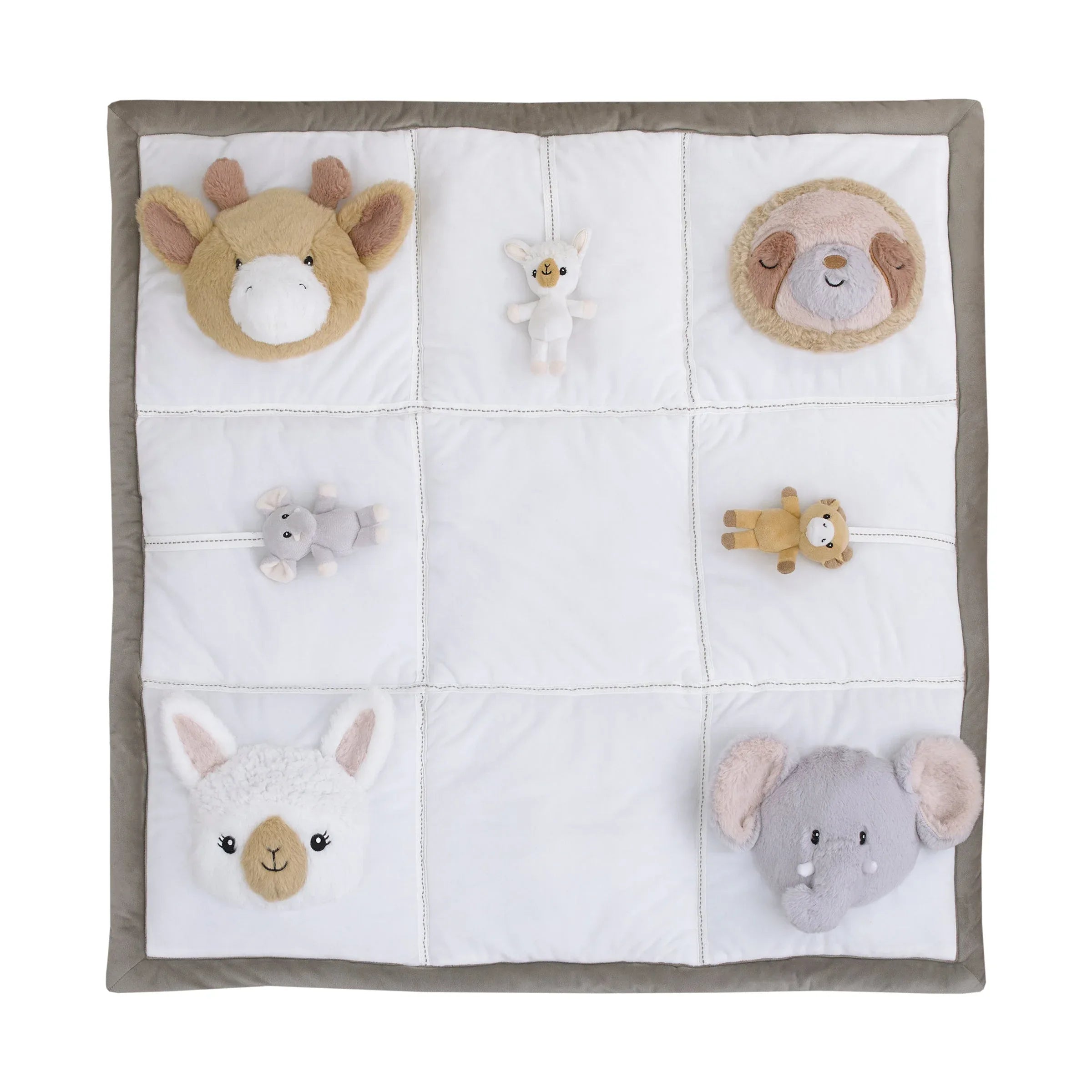 Playful Pals White, Tan, and Gray Four 3D Animals With Crinkle Plush Tummy Time Play Mat - Sloth, Llama, Elephant, and Giraffe - BIG FRENCHIES