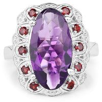 6.40 Carat Genuine Amethyst and Garnet .925 Sterling Silver Ring