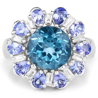 6.19 Carat Genuine London Blue Topaz, Tanzanite & White Topaz .925 Sterling Silver Ring
