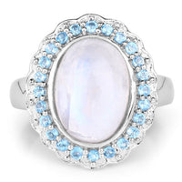 7.21 Carat Genuine White Rainbow Moonstone & Swiss Blue Topaz .925 Sterling Silver Ring