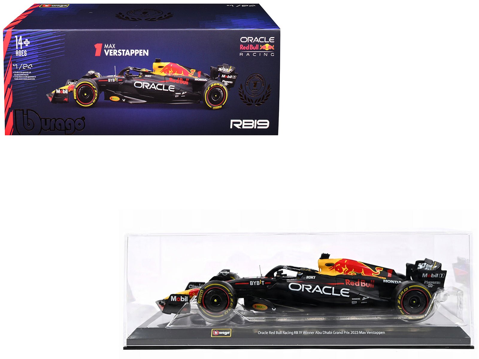 Red Bull Racing RB19 #1 Max Verstappen "Oracle" Winner Formula One F1 Championship "Drivers' Champion" (2023) with Display Case 1/24 Diecast Model Car by Bburago  free shipping USA