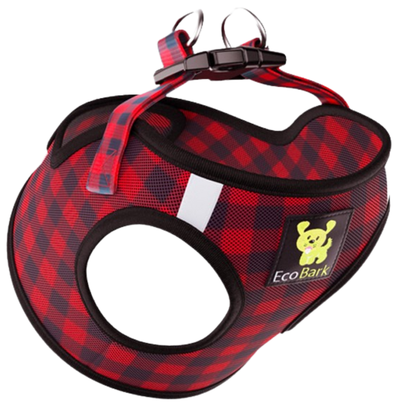 EcoBark Red Plaid Step In Dog Harness - Rapid Fastener Reflective Soft Mesh Dog Vest Halter for XXXS to Small Dogs and Puppies - BIG FRENCHIES