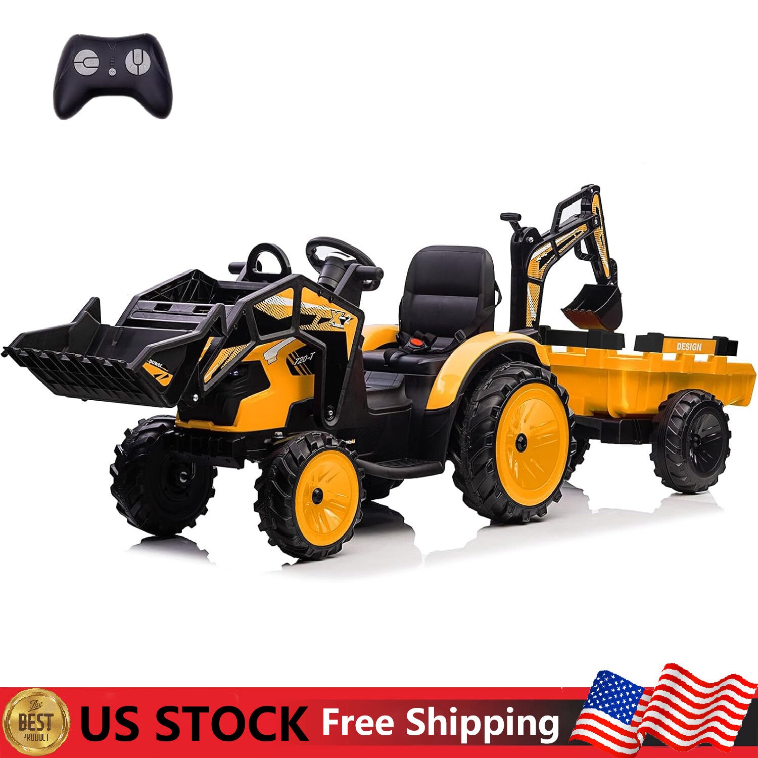 24V Electric Ride-On Tractor with Excavator, Trailer, and Digger Attachments - BIG FRENCHIES