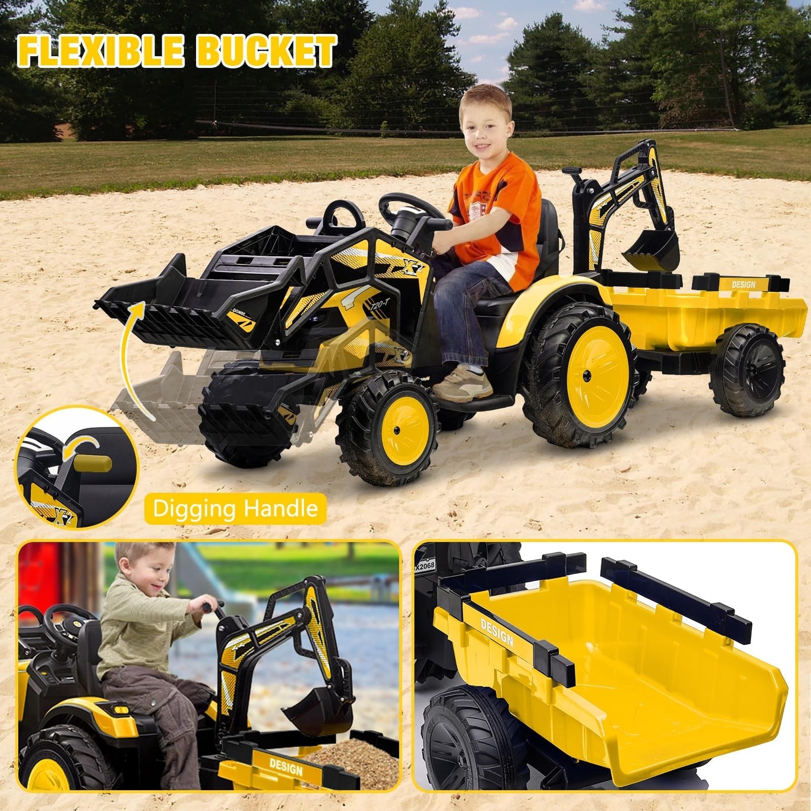 24V Electric Ride-On Tractor with Excavator, Trailer, and Digger Attachments - BIG FRENCHIES