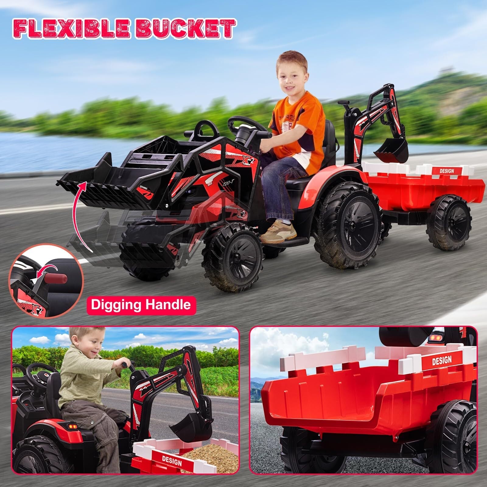 24V Electric Ride-On Tractor for Kids with Trailer, Excavator, and Bulldozer Attachments