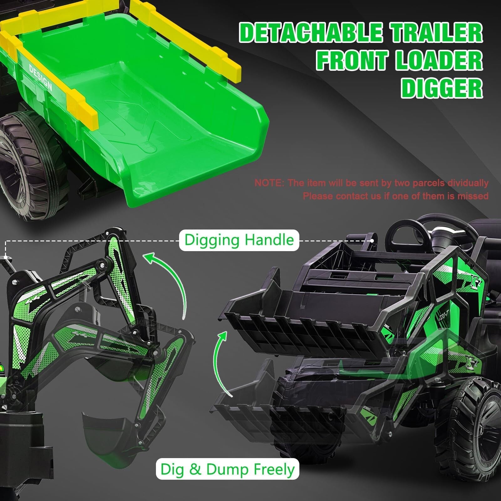 24V Electric Ride-On Tractor for Kids with Trailer, Excavator, and Bulldozer Attachments