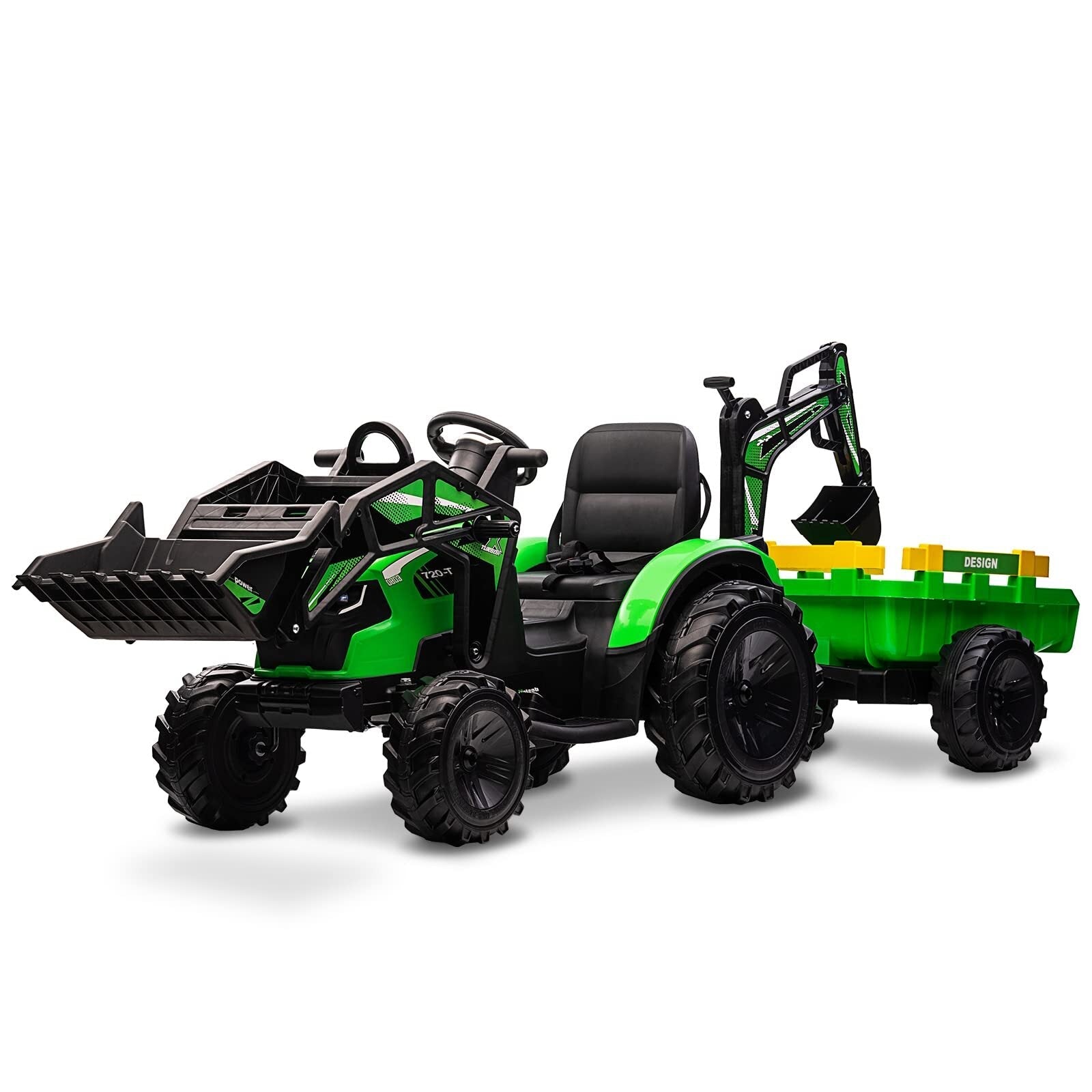 24V Electric Ride-On Tractor for Kids with Trailer, Excavator, and Bulldozer Attachments