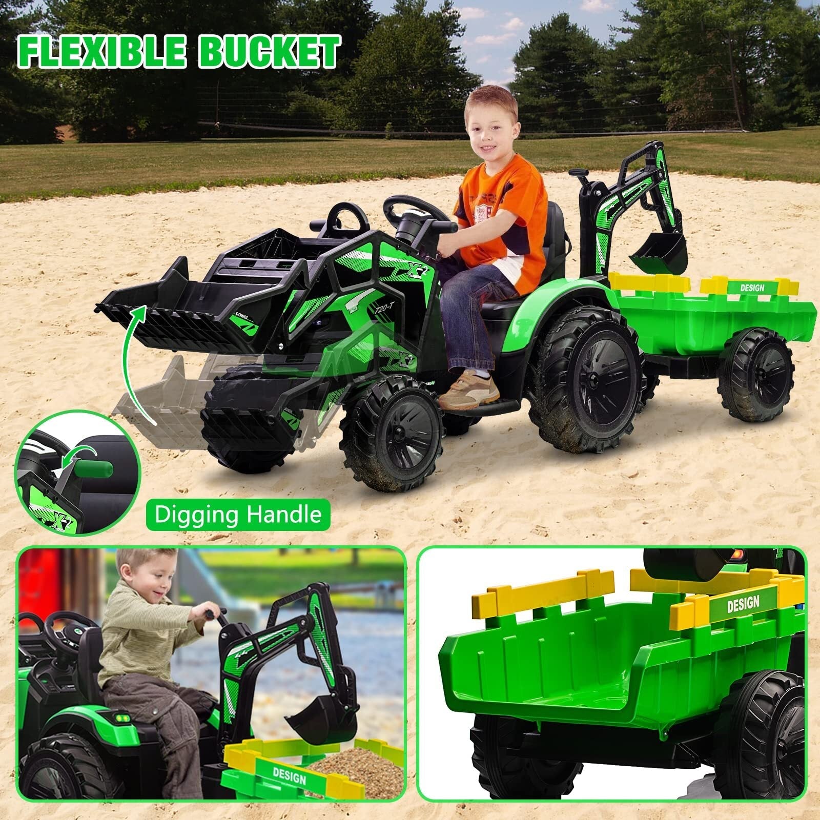 24V Electric Ride-On Tractor for Kids with Trailer, Excavator, and Bulldozer Attachments