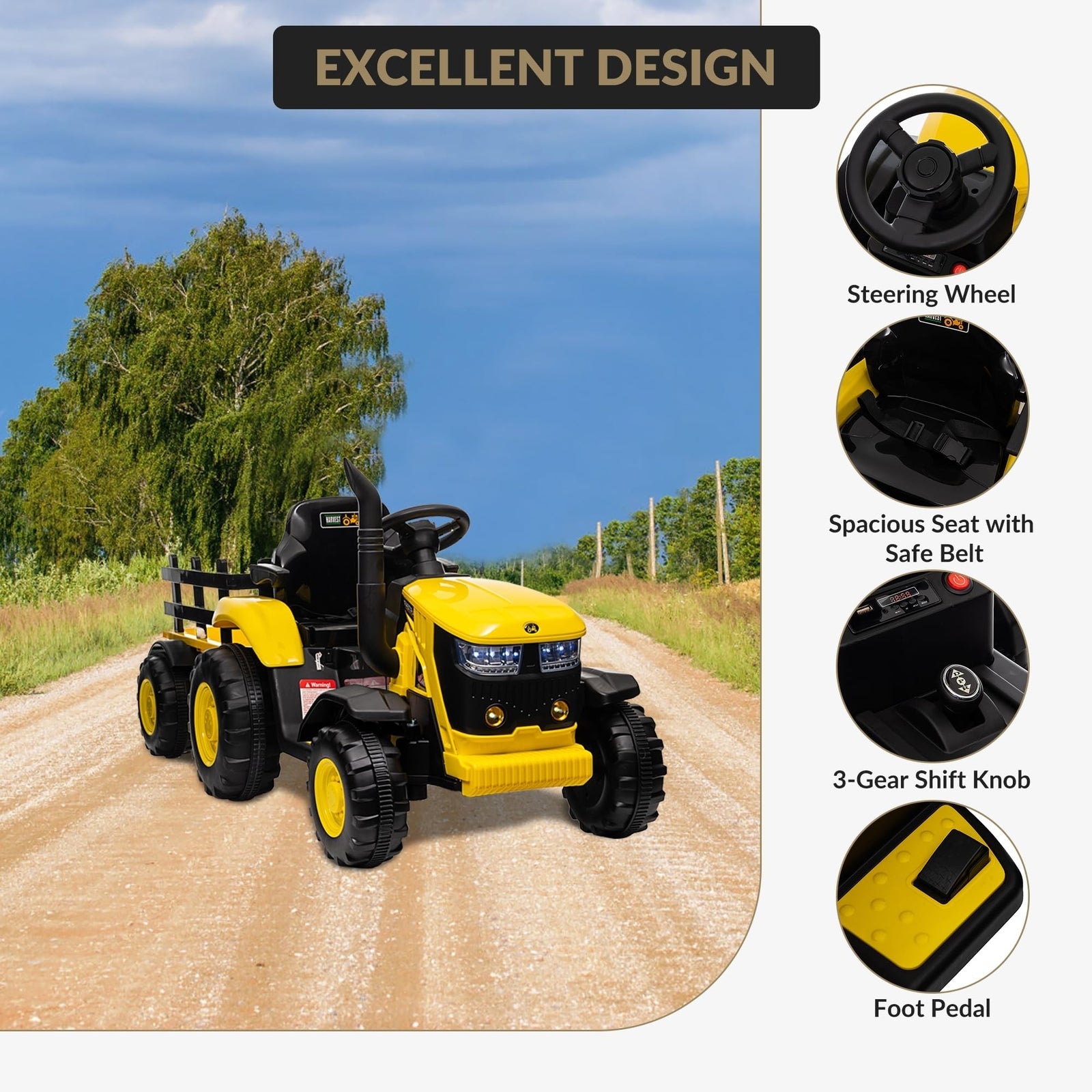 12V Electric Ride-On Tractor with Trailer for Kids, Battery Powered Vehicle - BIG FRENCHIES