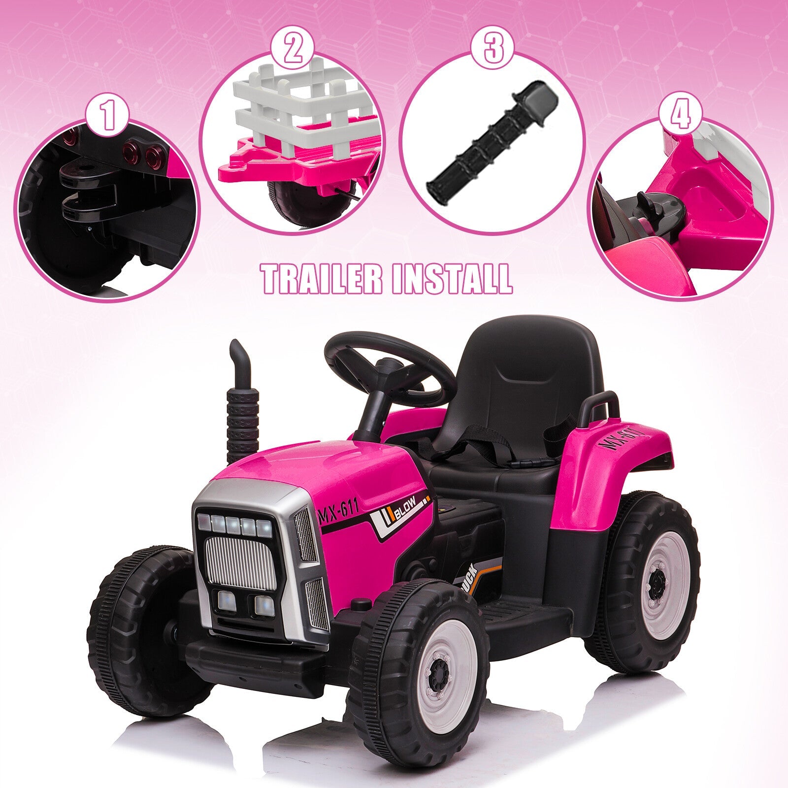 12V Battery-Powered Electric Ride-On Tractor Toy with Trailer and Remote Control