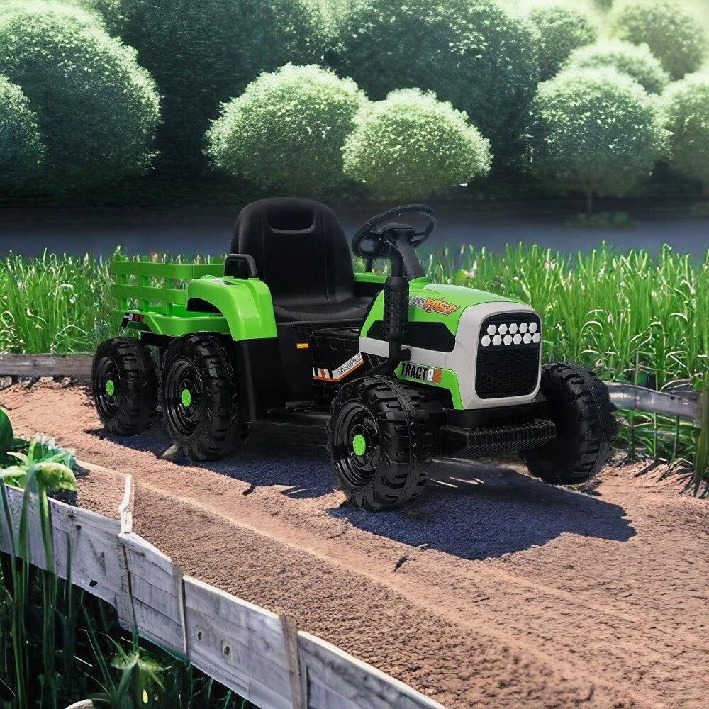 12V Battery-Powered Ride-On Electric Tractor Toy with Trailer and Remote Control