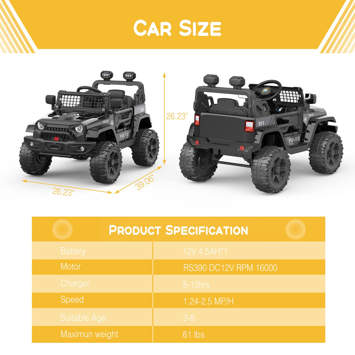 12V Battery-Powered Electric Ride-On Truck with Remote Control and LED Lights