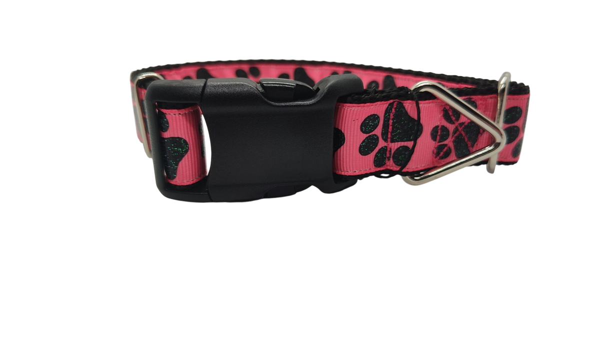 Black Glitter Paws On Pink Nylon Dog Collar-Dog Collar / Leash-BIG FRENCHIES-Doot's Pet LLC Collars For A Cause