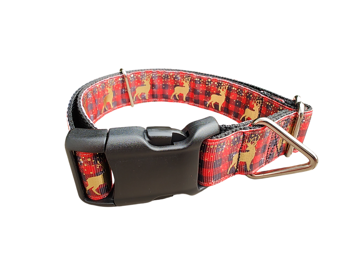 Red Plaid Deer Nylon Dog Collar-Dog Collar / Leash-BIG FRENCHIES-Doot's Pet LLC Collars For A Cause