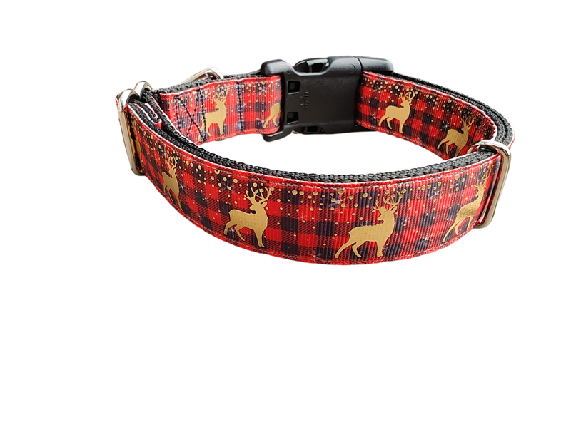 Red Plaid Deer Nylon Dog Collar-Dog Collar / Leash-BIG FRENCHIES-Doot's Pet LLC Collars For A Cause