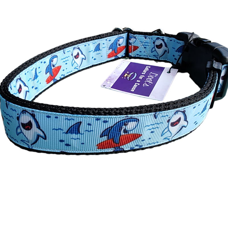 Surfer Sharks Black Nylon Dog Collar MD, LG, XL, Leash-Dog Collar / Leash-BIG FRENCHIES-Doot's Pet LLC Collars For A Cause