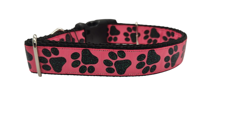 Black Glitter Paws On Pink Nylon Dog Collar-Dog Collar / Leash-BIG FRENCHIES-Doot's Pet LLC Collars For A Cause