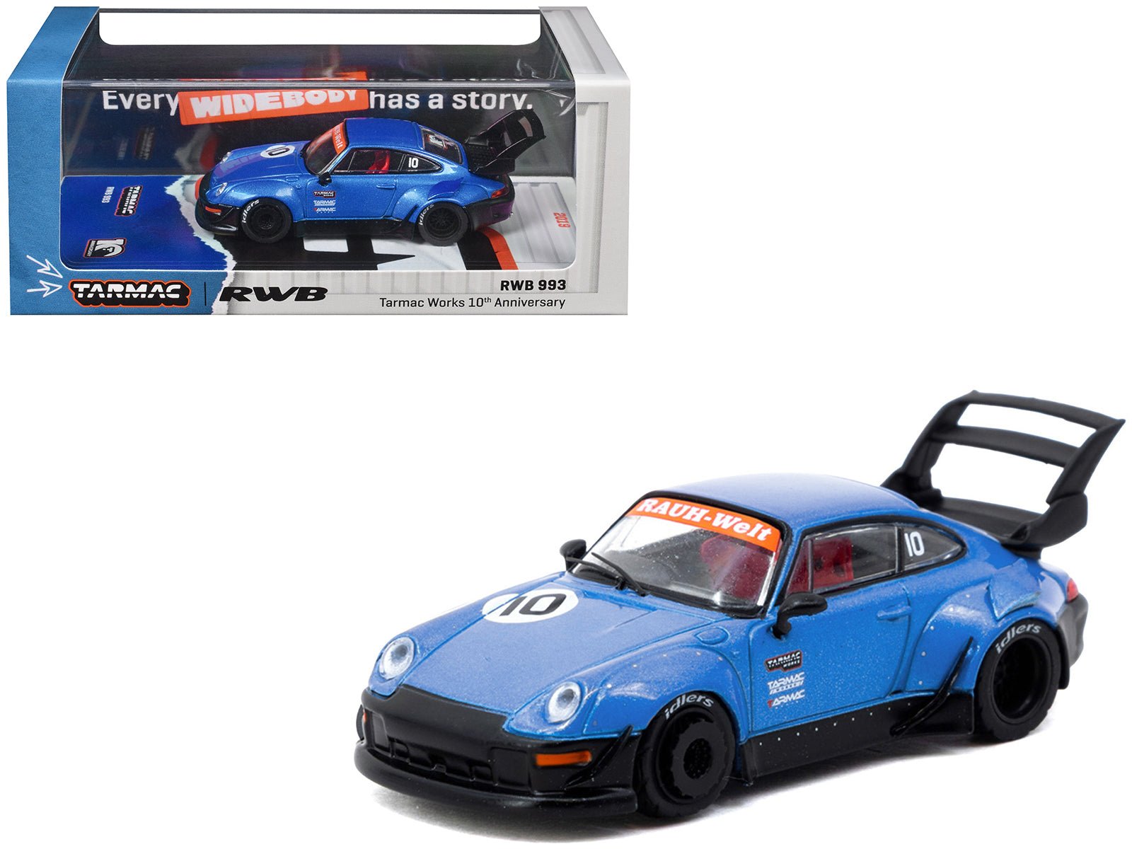 RWB 993 RHD (Right Hand Drive) #10 "Tarmac Works 10th Anniversary" Blue Metallic "Hobby64" Series 1/64 Diecast Model Car by Tarmac Works  free shipping USA