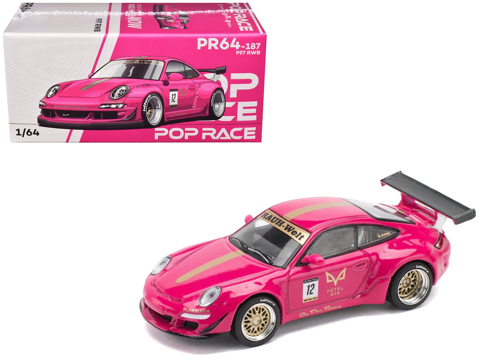 RWB 997 #12 "Hotel Ava" Pink Metallic 1/64 Diecast Model Car by Pop Race  free shipping USA