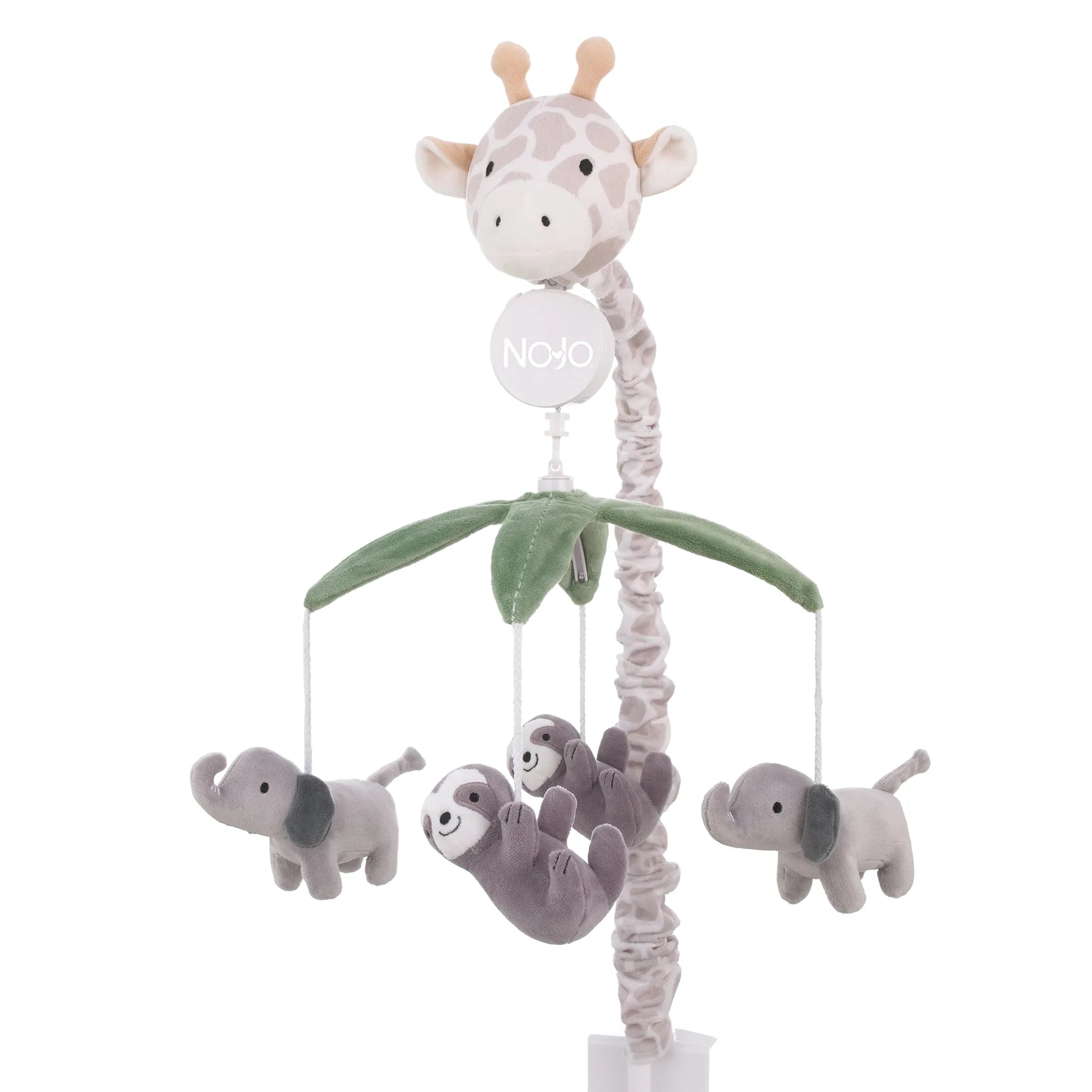 Plush Giraffe Taupe, Green, and Gray Elephants and Sloth's Musical Mobile - BIG FRENCHIES
