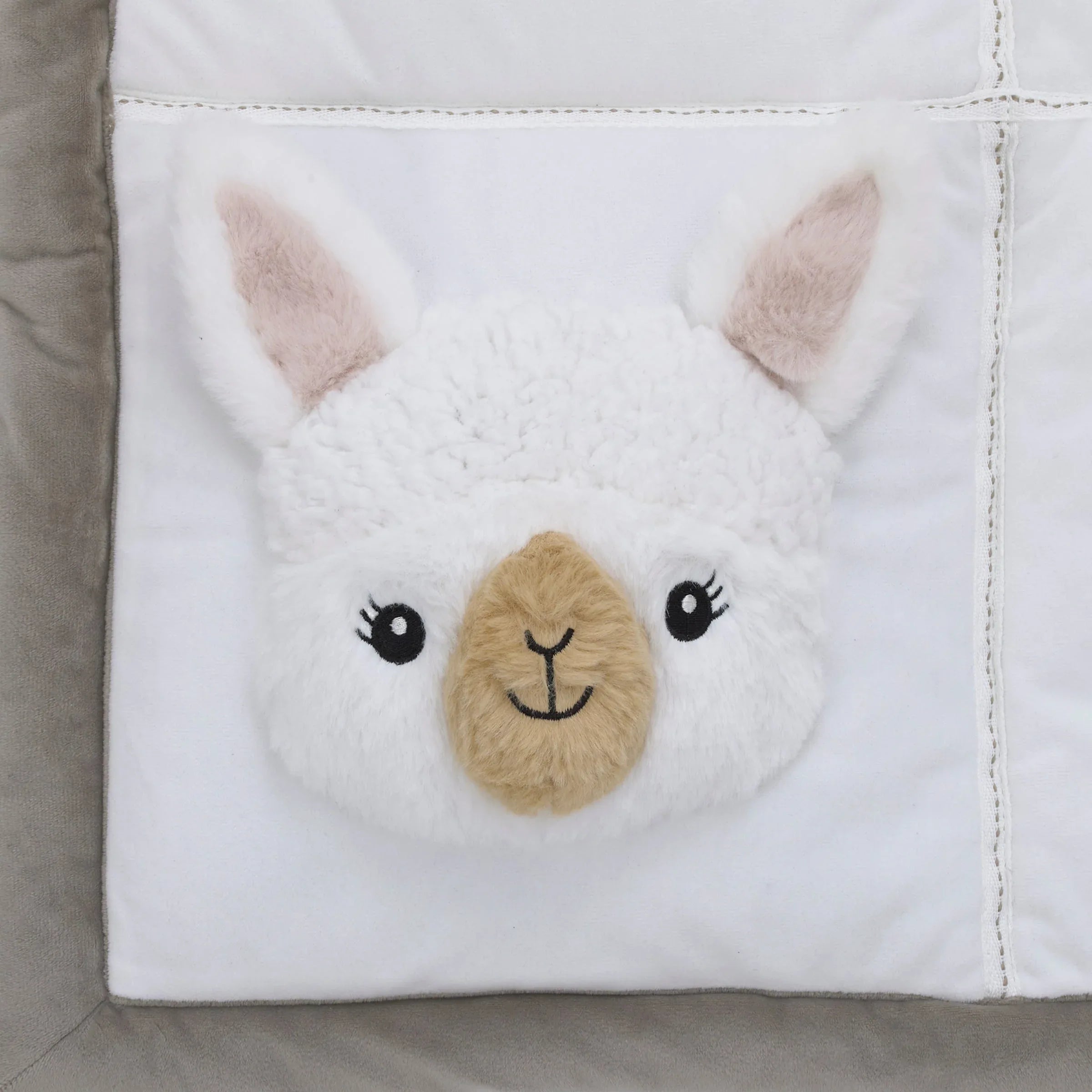 Playful Pals White, Tan, and Gray Four 3D Animals With Crinkle Plush Tummy Time Play Mat - Sloth, Llama, Elephant, and Giraffe - BIG FRENCHIES