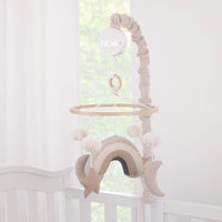 Rainbow Moon and Stars Pom Pom Ivory, Taupe, and Natural Wood Tones Plush Nursery Musical Mobile - BIG FRENCHIES