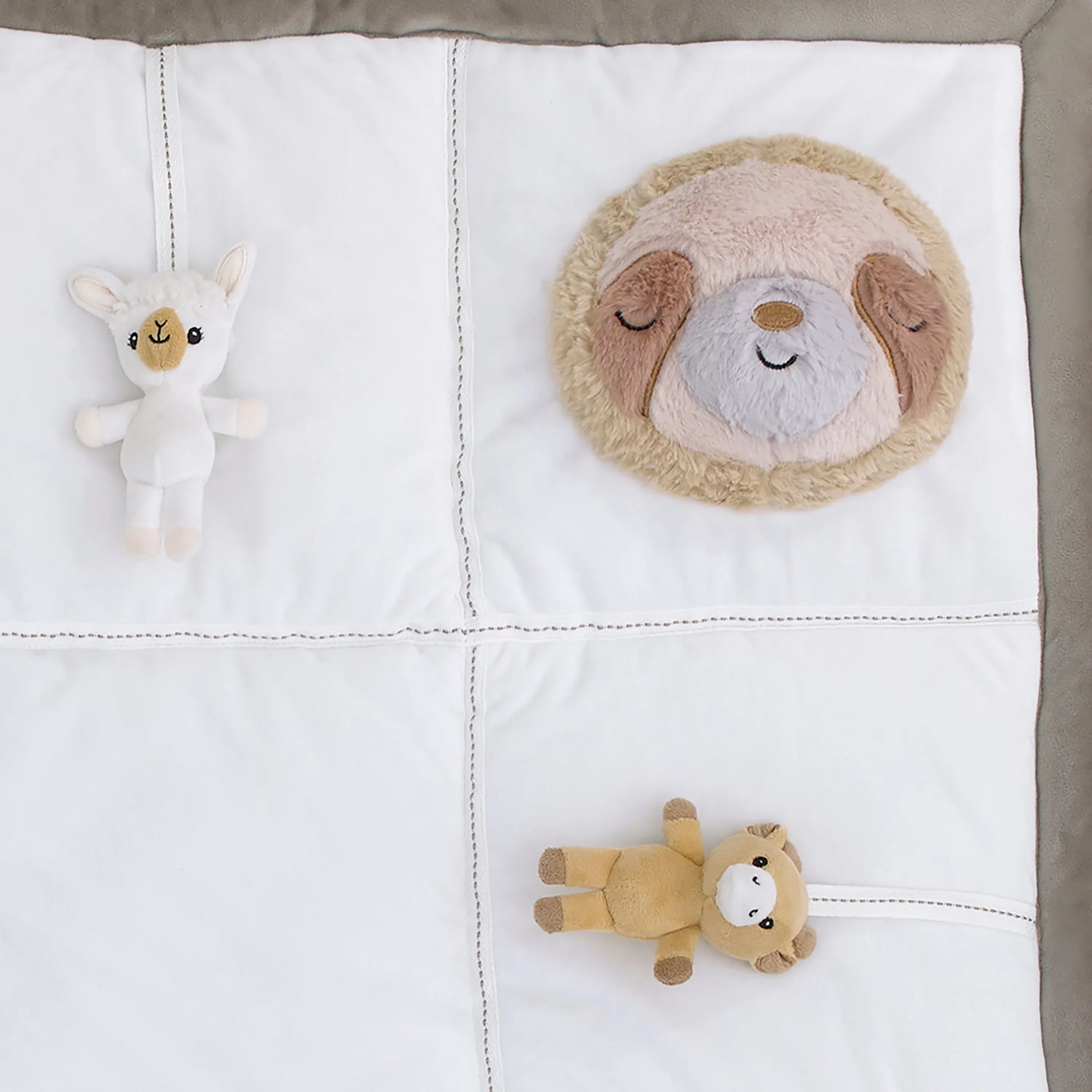 Playful Pals White, Tan, and Gray Four 3D Animals With Crinkle Plush Tummy Time Play Mat - Sloth, Llama, Elephant, and Giraffe - BIG FRENCHIES