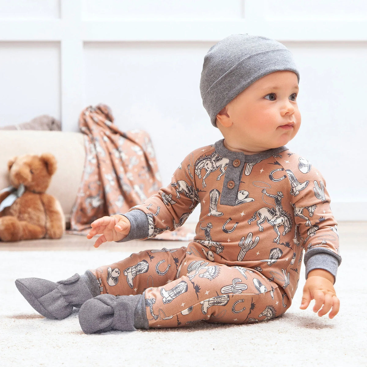 Wild Wrangler/Brown Western Bamboo Henley Romper for Babies - BIG FRENCHIES