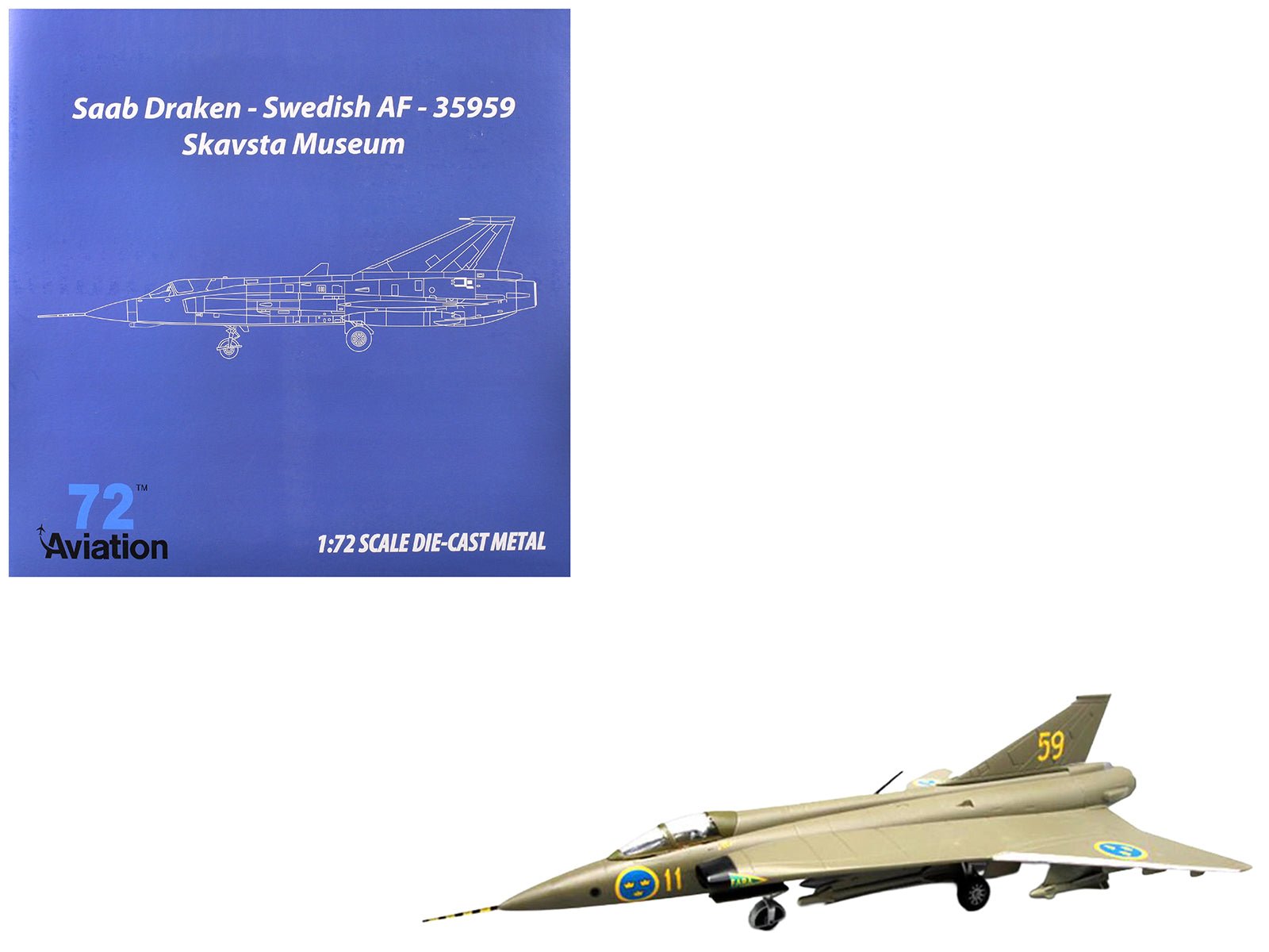 Saab S35 Draken Fighter Aircraft "59 F 11 Wing Skavsta Museum" (1979) Swedish Air Force 1/72 Diecast Model Airplane by Aviation 72  free shipping USA