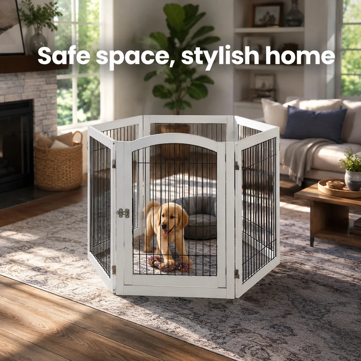 6-Panel Freestanding Wooden Dog Playpen & Pet Gate, 144"L x 31.5"H – Lockable Gate, No Wall Mounting, White/Espresso
