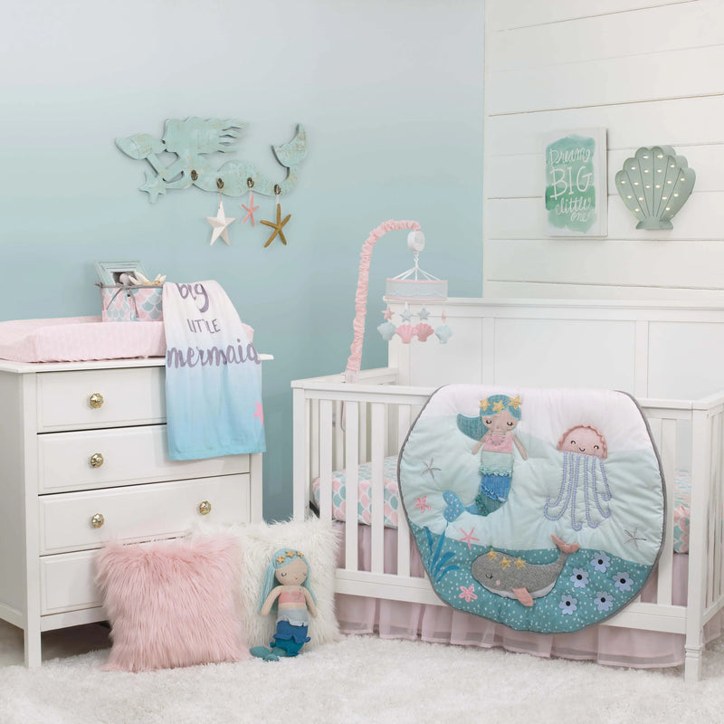 Sugar Reef Mermaid 4 Piece Nursery Crib Bedding Set - Appliqued Round Play Quilt, 100% Cotton Fitted Crib Sheet, Shirred Crib Skirt with 16" Drop, Nursery Organizer - BIG FRENCHIES