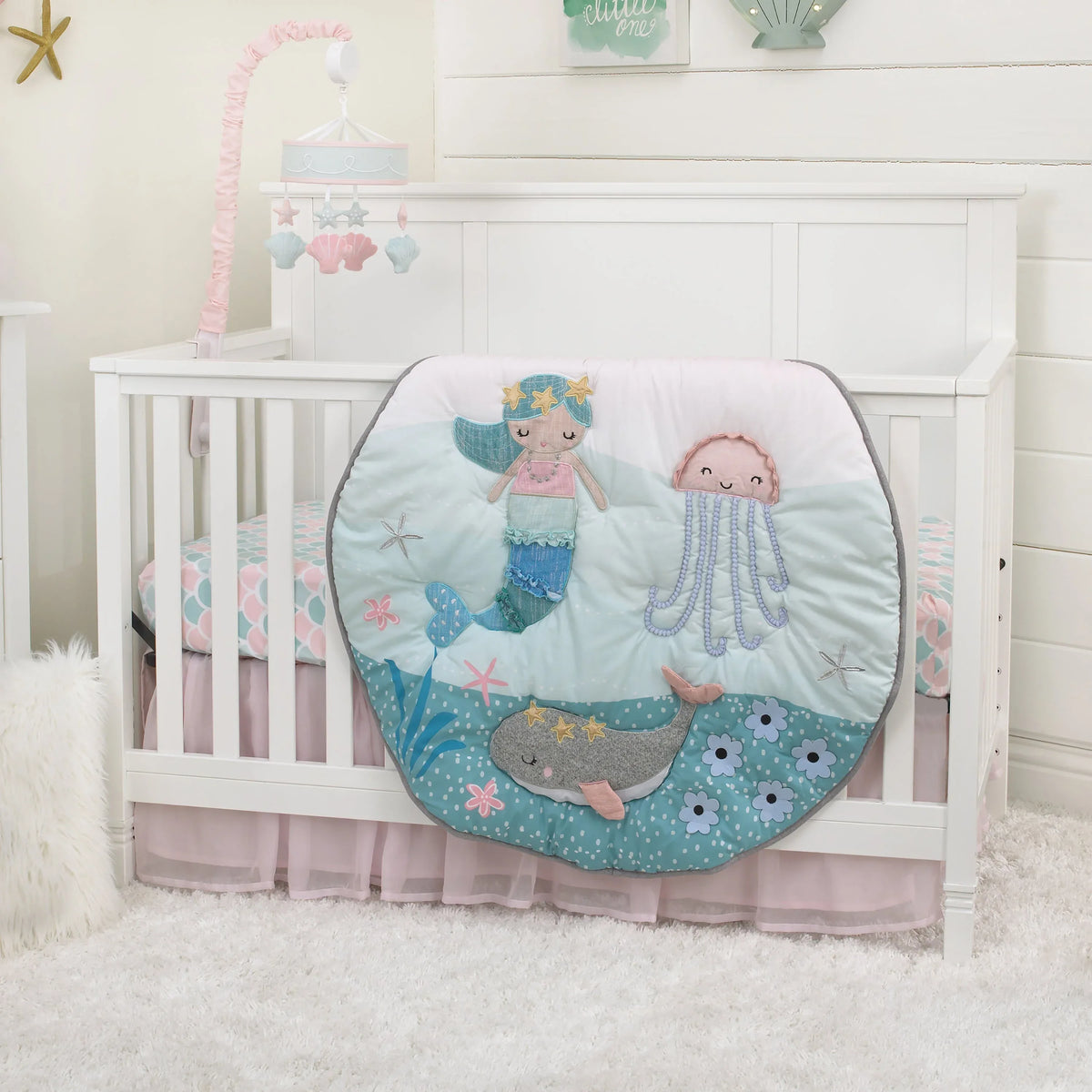 Sugar Reef Mermaid 4 Piece Nursery Crib Bedding Set - Appliqued Round Play Quilt, 100% Cotton Fitted Crib Sheet, Shirred Crib Skirt with 16" Drop, Nursery Organizer - BIG FRENCHIES