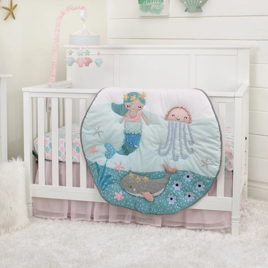 Sugar Reef Mermaid 4 Piece Nursery Crib Bedding Set - Appliqued Round Play Quilt, 100% Cotton Fitted Crib Sheet, Shirred Crib Skirt with 16" Drop, Nursery Organizer - BIG FRENCHIES