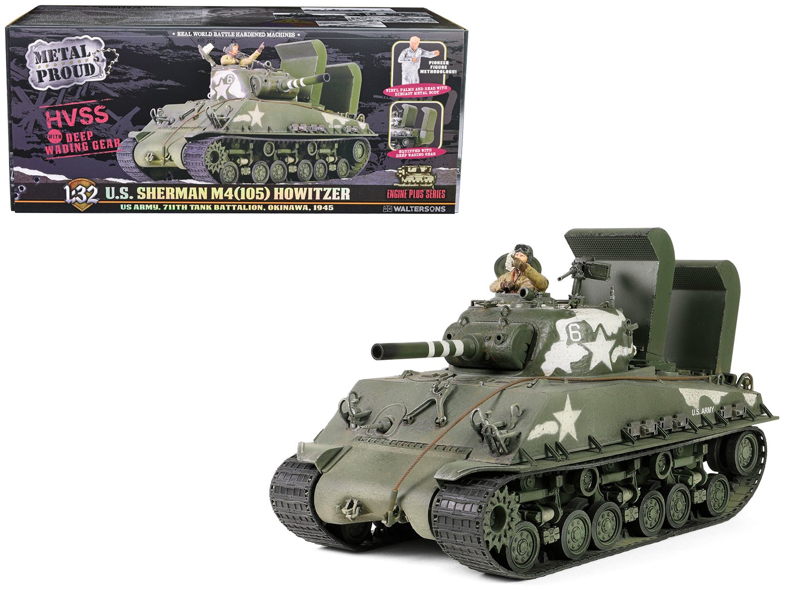 Sherman M4 (105) Howitzer Medium Tank "US Army 711th Tank Battalion Okinawa" (1945) "Engine Plus" Series 1/32 Diecast Model by Metal Proud  free shipping USA